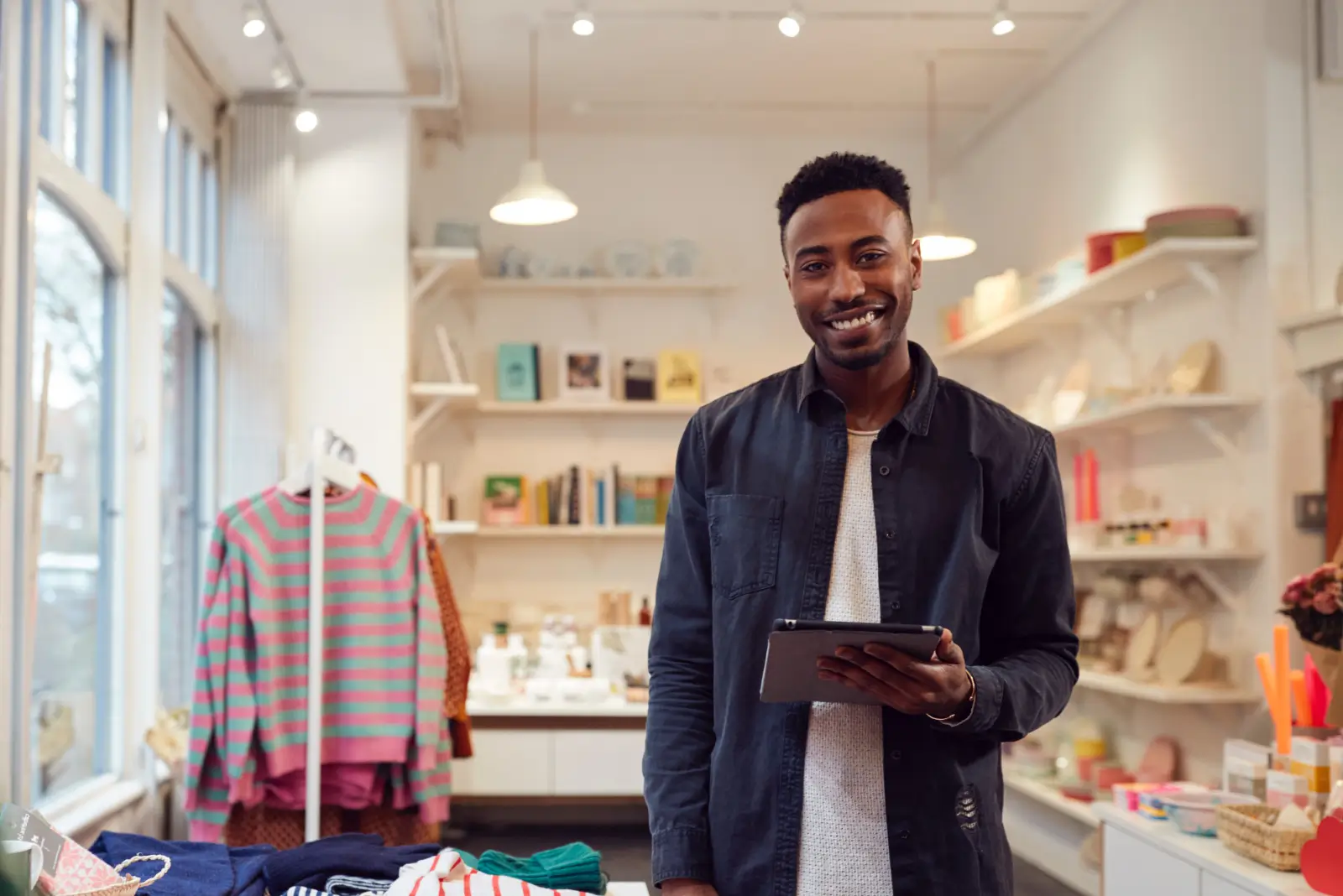 Shop owner using a tablet in a clothing boutique.