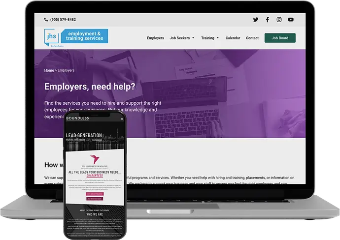 A composite image showing the John Howard Society Employment & Training Services employers page on a laptop screen, and the Boundless lead generation page on a mobile device